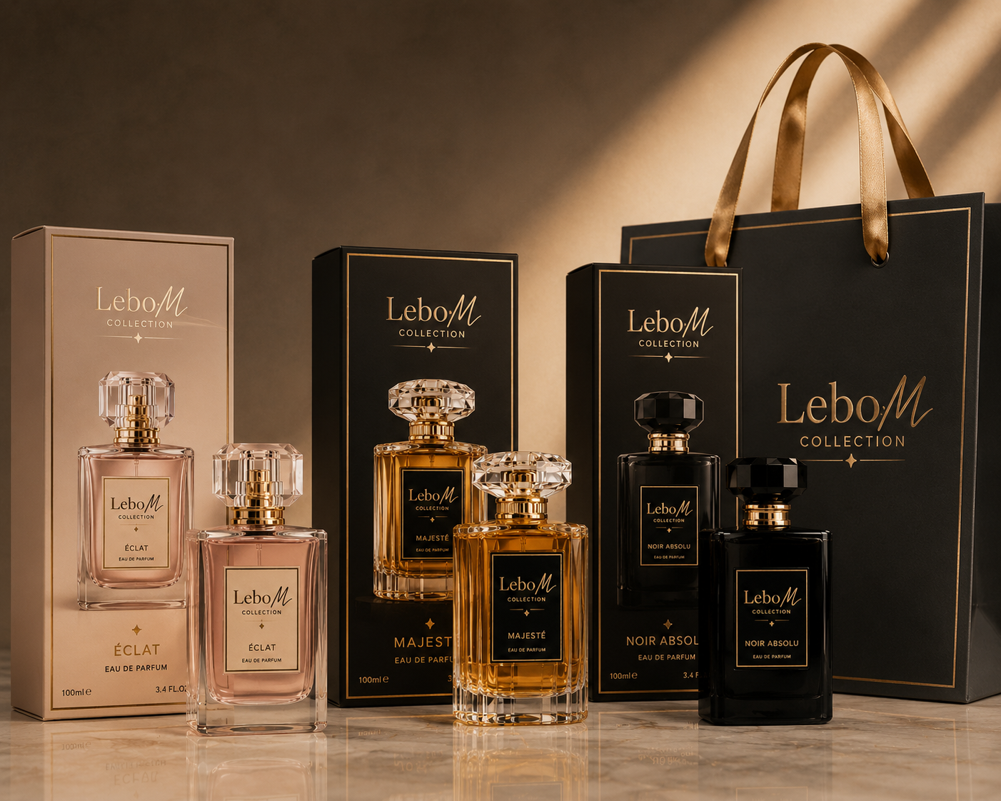 LeboM Collection perfumes and packaging
